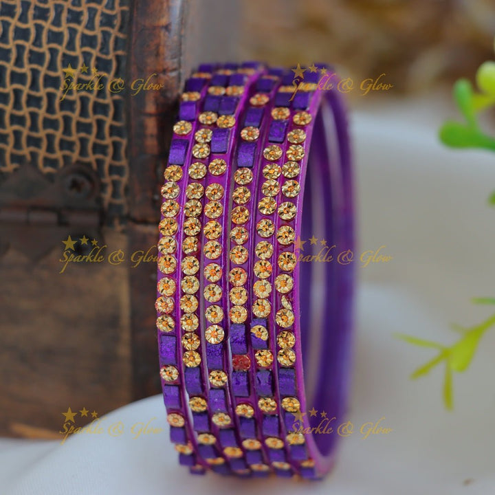 Exclusive Glass bangles set of 6 bangles, with gold design - Sparkle and Glow - Purple - 2.4
