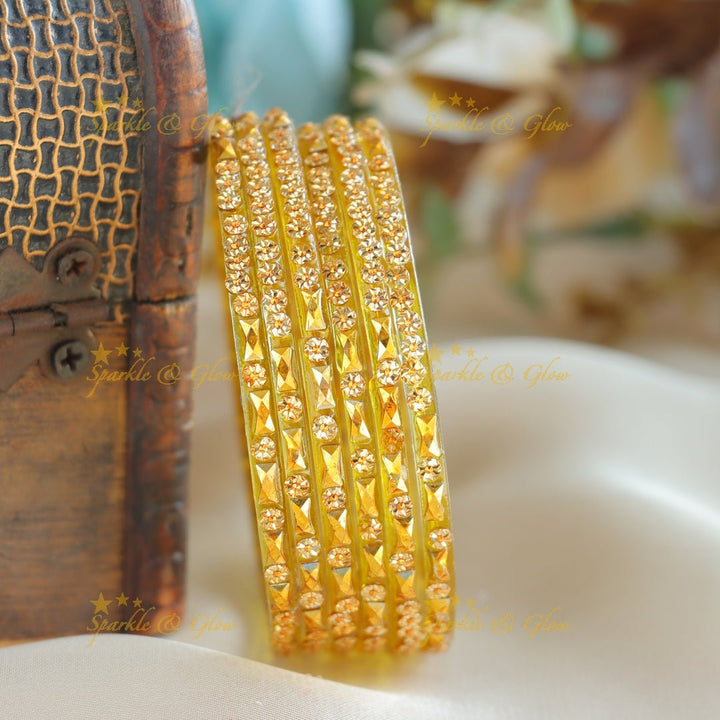 Exclusive Glass bangles set of 6 bangles, with gold design - Sparkle and Glow - Gold - 2.4
