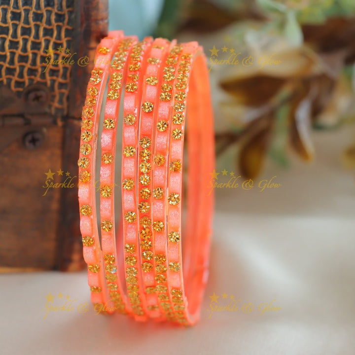 Exclusive Glass bangles set of 6 bangles, with gold design - Sparkle and Glow - Orange - 2.4