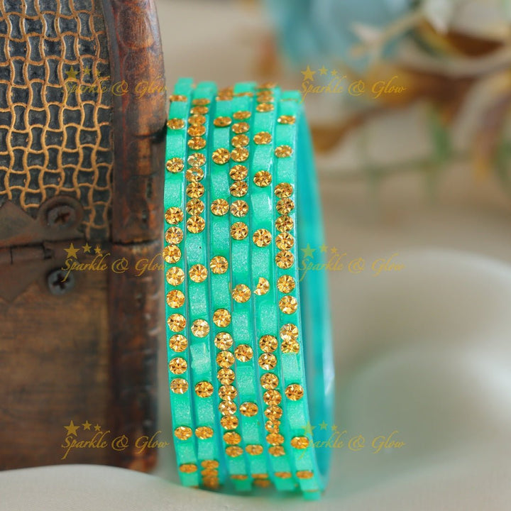 Exclusive Glass bangles set of 6 bangles, with gold design - Sparkle and Glow - Sea Green - 2.4