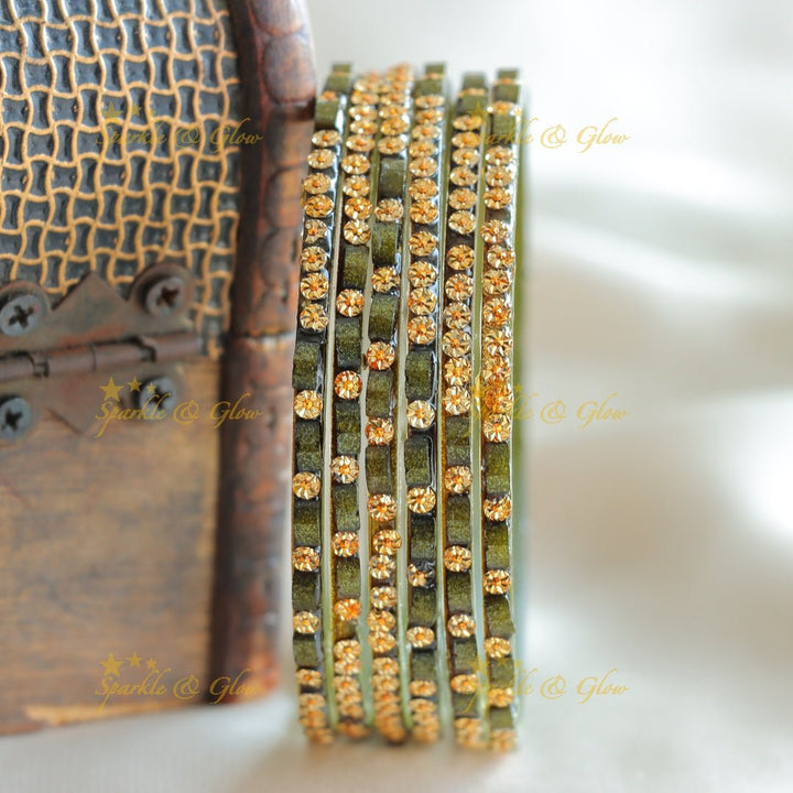 Exclusive Glass bangles set of 6 bangles, with gold design - Sparkle and Glow - Mehandi Green - 2.4