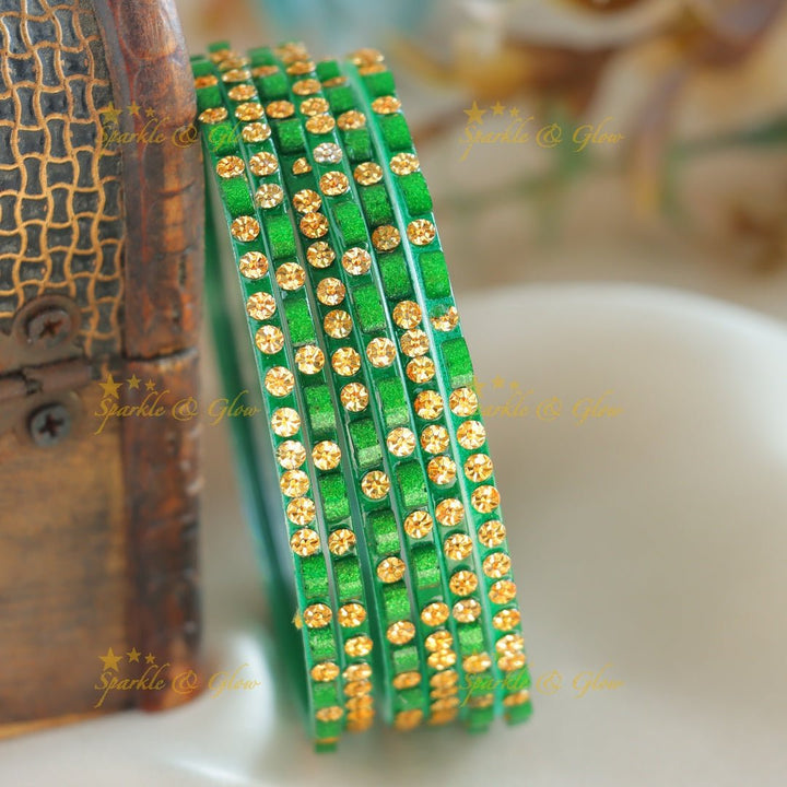 Exclusive Glass bangles set of 6 bangles, with gold design - Sparkle and Glow - green - 2.4