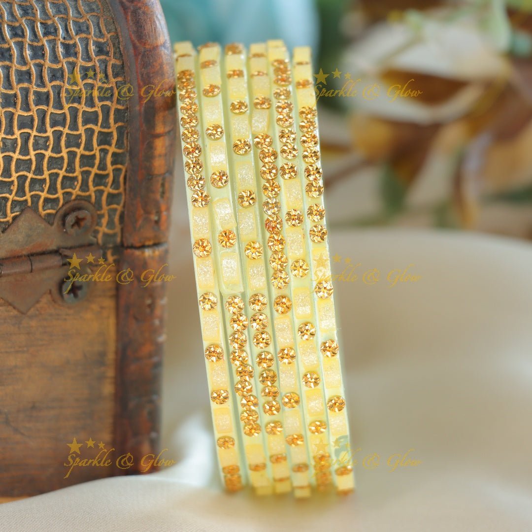 Exclusive Glass bangles set of 6 bangles, with gold design - Sparkle and Glow - Cream - 2.4