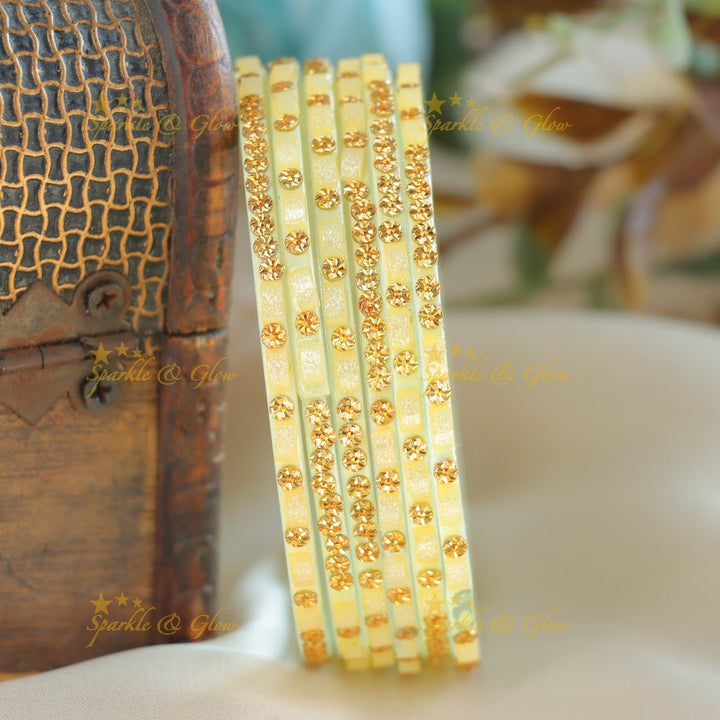 Exclusive Glass bangles set of 6 bangles, with gold design - Sparkle and Glow - Cream - 2.4