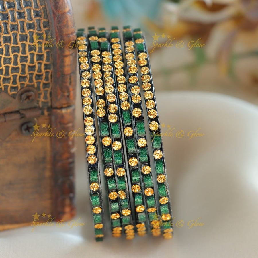 Exclusive Glass bangles set of 6 bangles, with gold design - Sparkle and Glow - Grey - 2.4