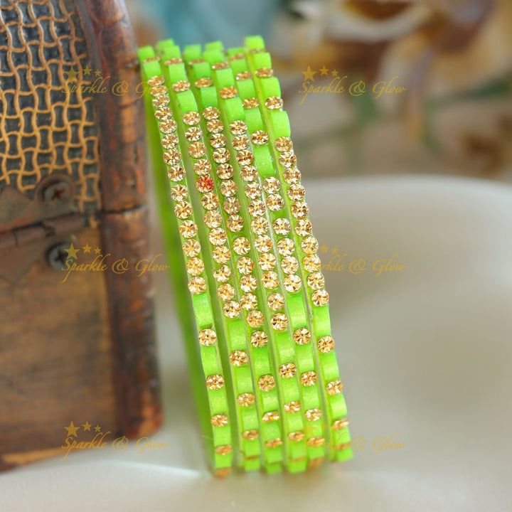 Exclusive Glass bangles set of 6 bangles, with gold design - Sparkle and Glow - Parrot Green - 2.4