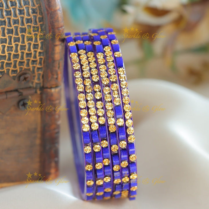 Exclusive Glass bangles set of 6 bangles, with gold design - Sparkle and Glow - Ink Blue - 2.4