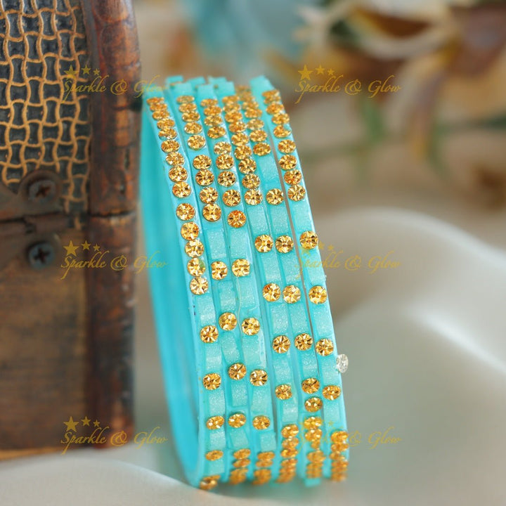 Exclusive Glass bangles set of 6 bangles, with gold design - Sparkle and Glow - Sky Blue - 2.4