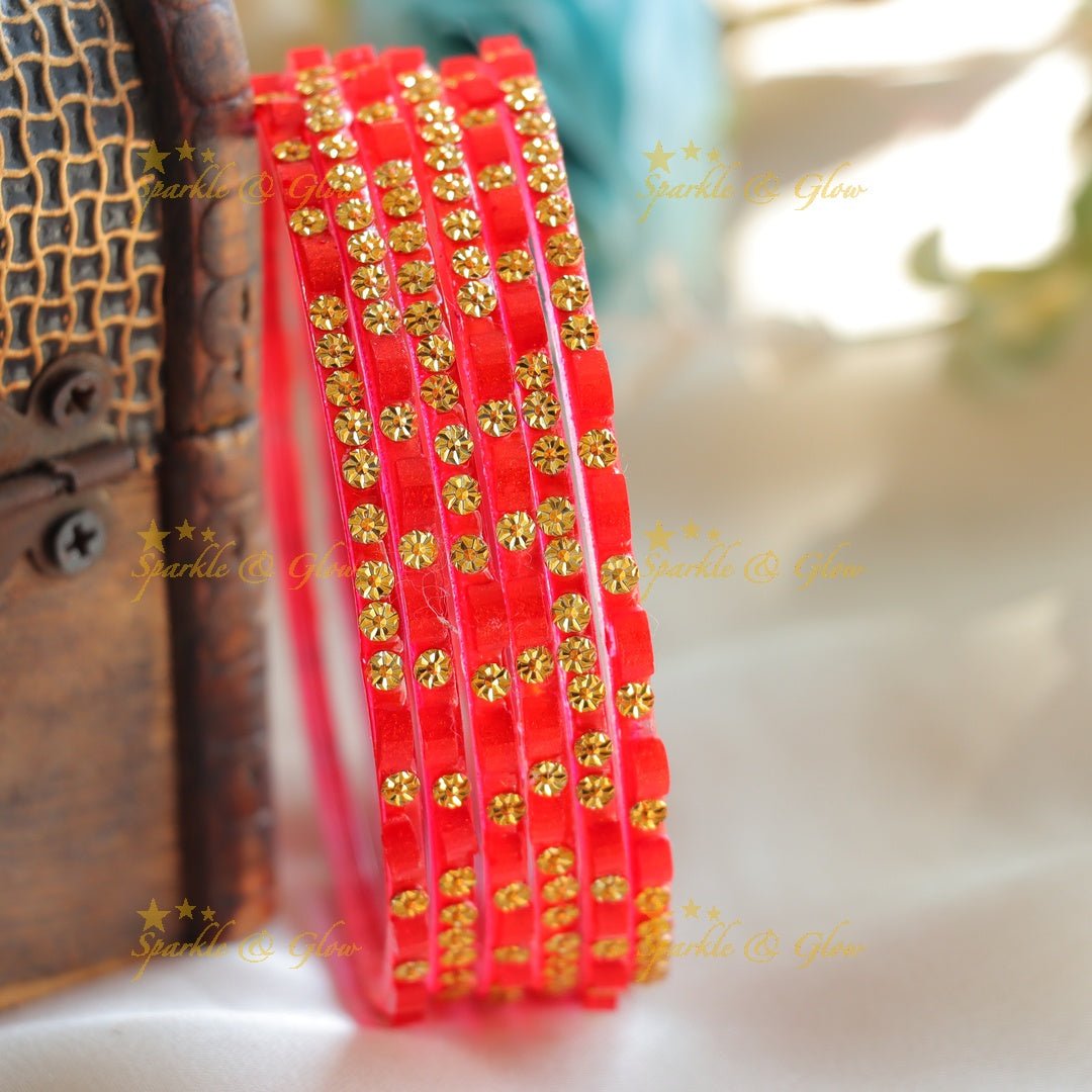 Exclusive Glass bangles set of 6 bangles, with gold design - Sparkle and Glow - Red - 2.4