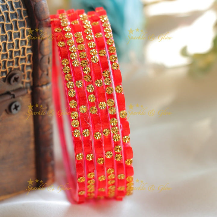 Exclusive Glass bangles set of 6 bangles, with gold design - Sparkle and Glow - Red - 2.4