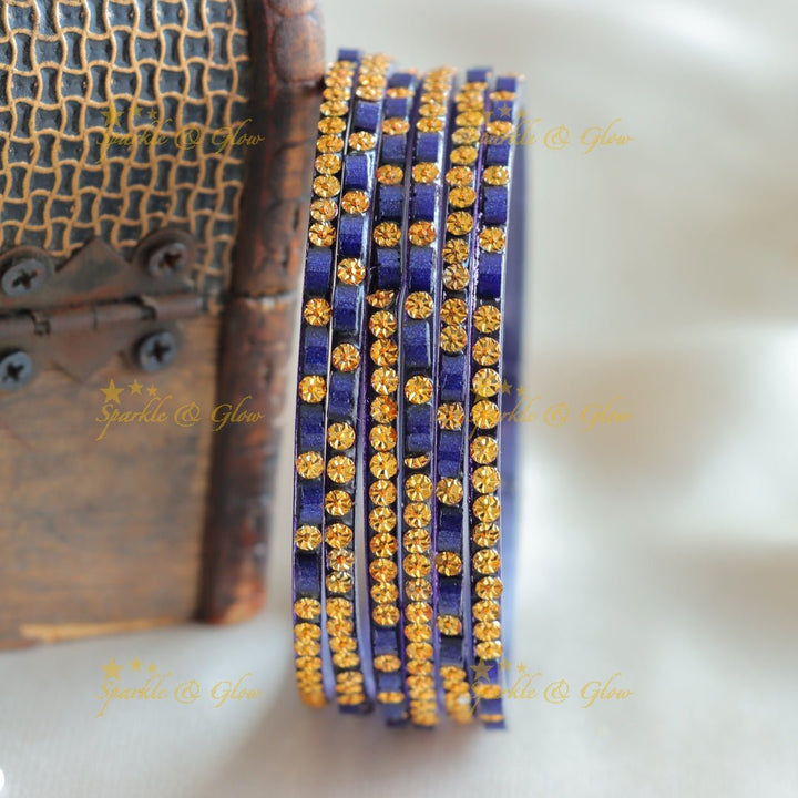 Exclusive Glass bangles set of 6 bangles, with gold design - Sparkle and Glow - Blue - 2.4