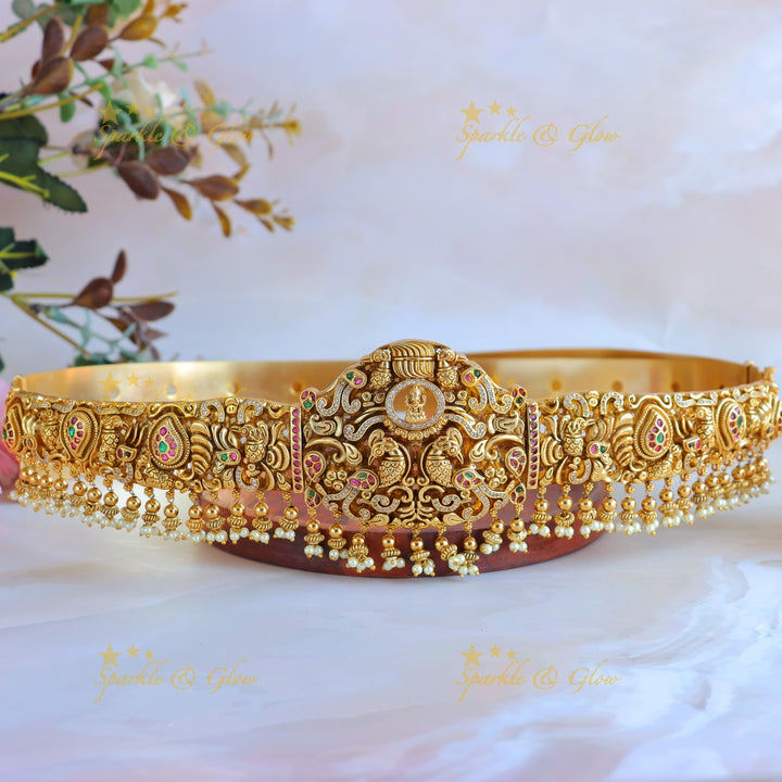 Exclusive peacock Lakshmi carved intricate design hipbelt with pearl beads