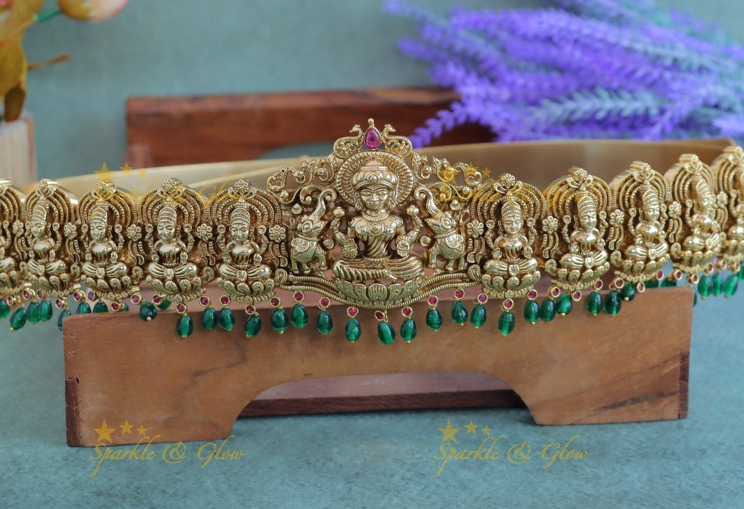 Grand Idol Lakshmi Elepghant Peacock carved Bridal Hipbelt with green beads