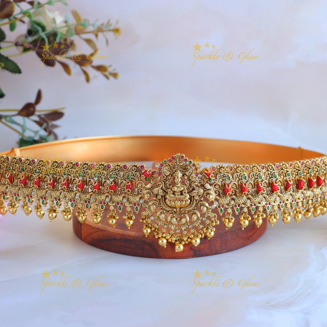 Grand Idol Lakshmi Peacock carved Coral and Gold beads Hipbelt