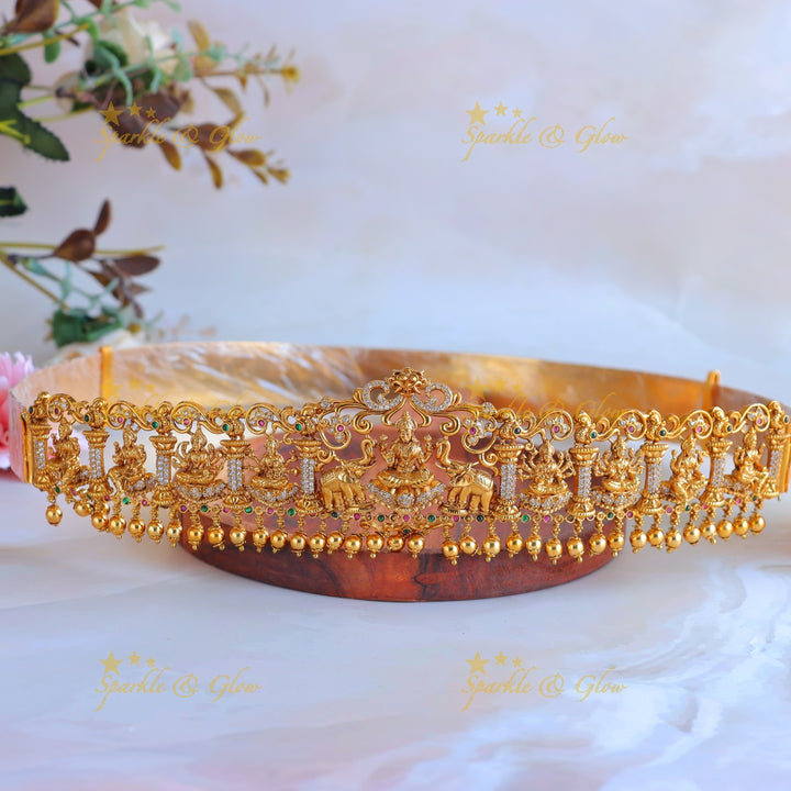 Idol Lakshmi Elephant carved Temple design Hipbelt with AD stones-Multi