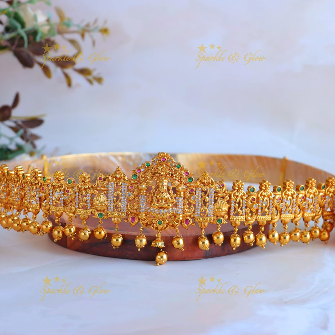 Grand Idol Lakshmi Mango Floral carved Hipbelt with AD stones and gold beads