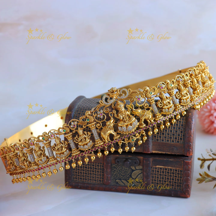 Idol Lakshmi Elephant carved Temple design Hipbelt with AD stones-Multi