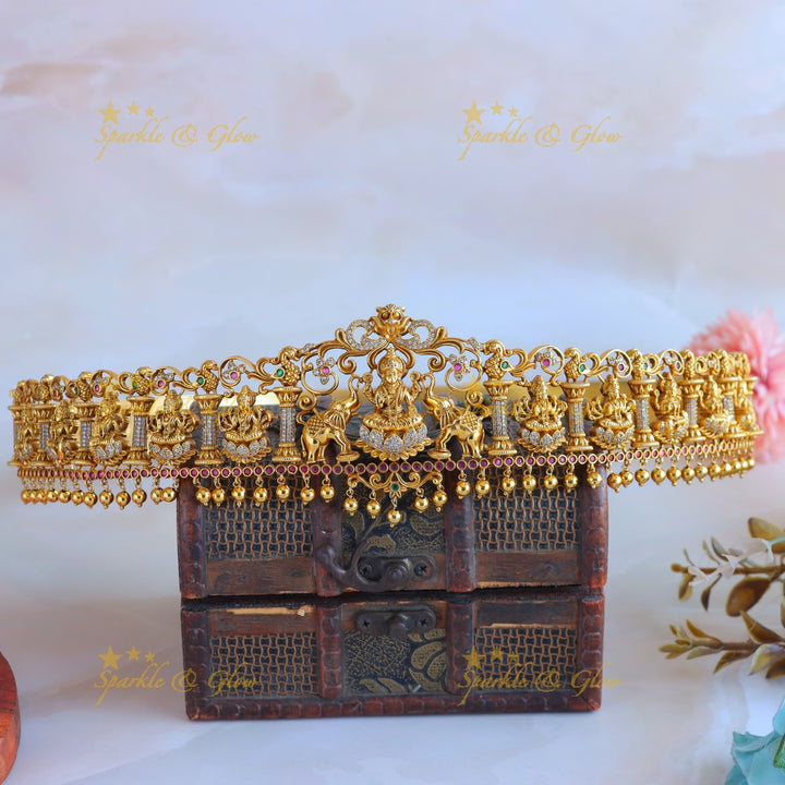 Idol Lakshmi Elephant carved Temple design Hipbelt with AD stones-Multi