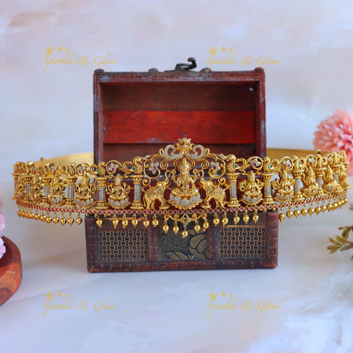 Idol Lakshmi Elephant carved Temple design Hipbelt with AD stones-Multi