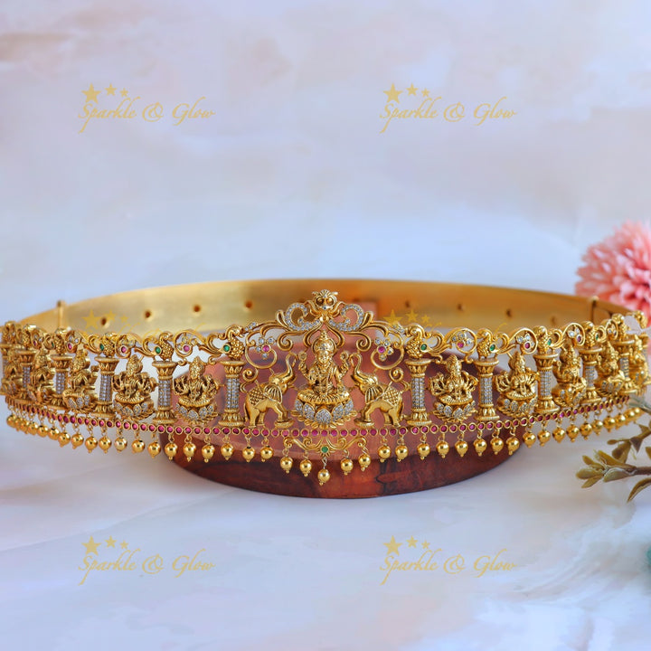 Idol Lakshmi Elephant carved Temple design Hipbelt with AD stones-Multi