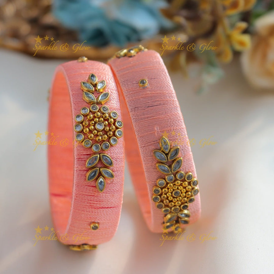 Stunning Flower and Leaf design Silk thread Bangles - Light pink - Sparkle and Glow - 1.10 - 