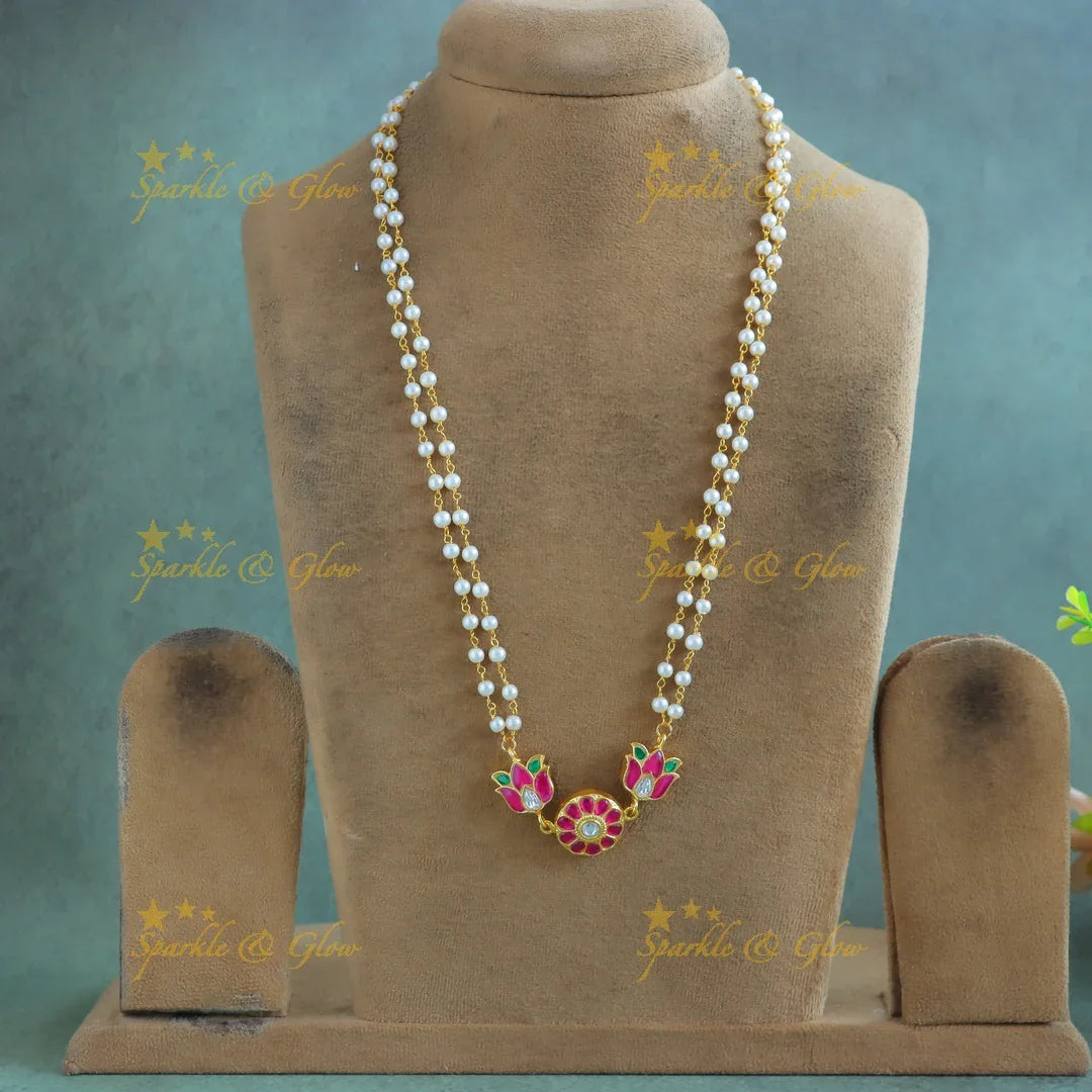 Gracious Lotus pendant Jadau pearl chain - Sparkle and Glow