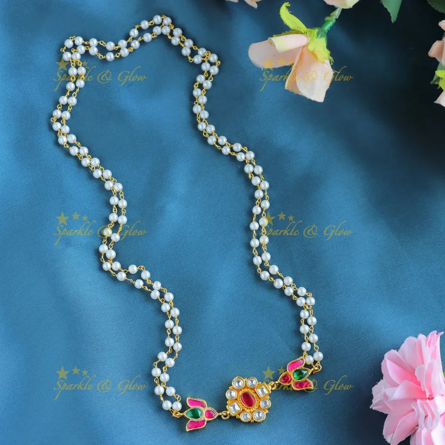 Gracious Lotus and Floral pendant Jadau pearl chain - Sparkle and Glow