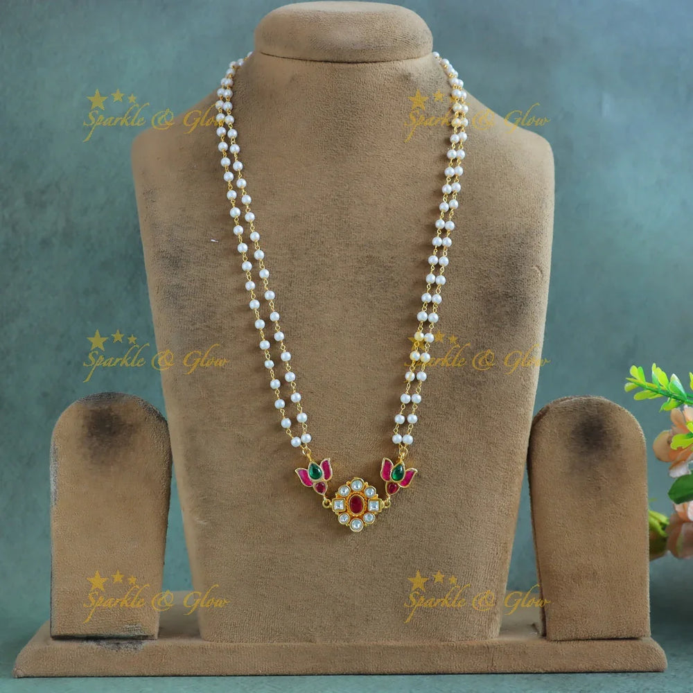Gracious Lotus and Floral pendant Jadau pearl chain - Sparkle and Glow