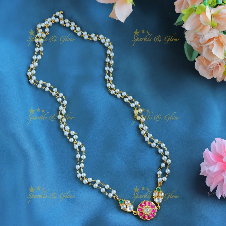 Gracious Floral and Dot penddant Jadau pearl chain - Sparkle and Glow