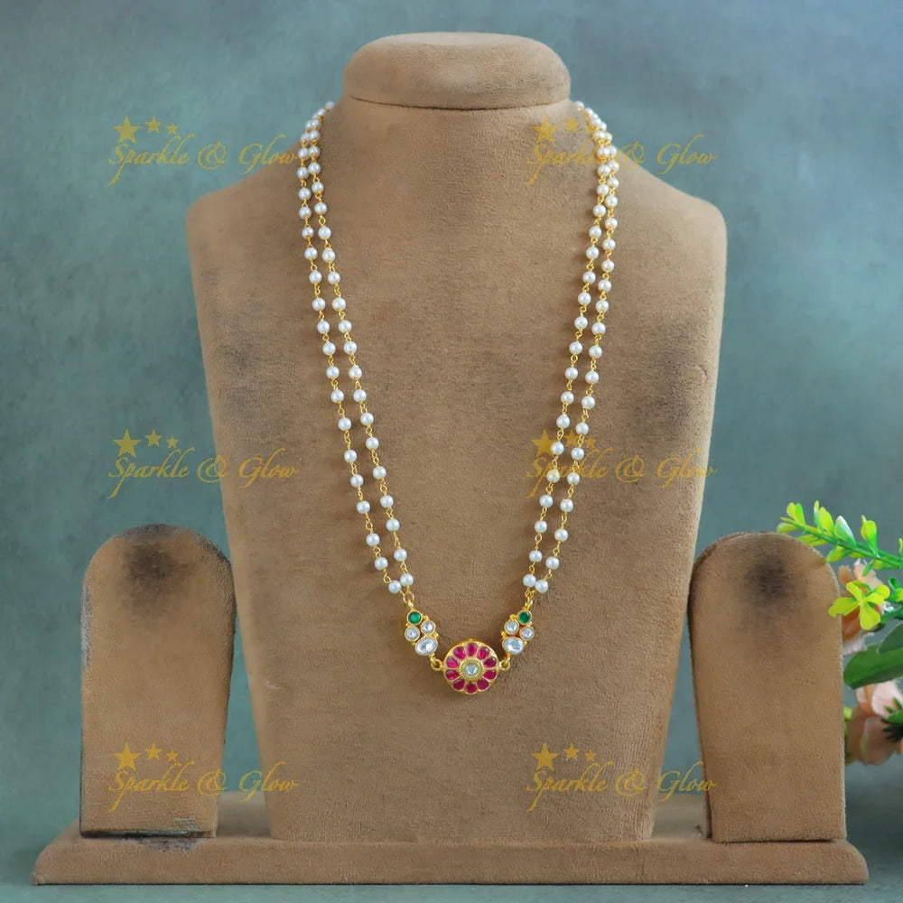 Gracious Floral and Dot penddant Jadau pearl chain - Sparkle and Glow