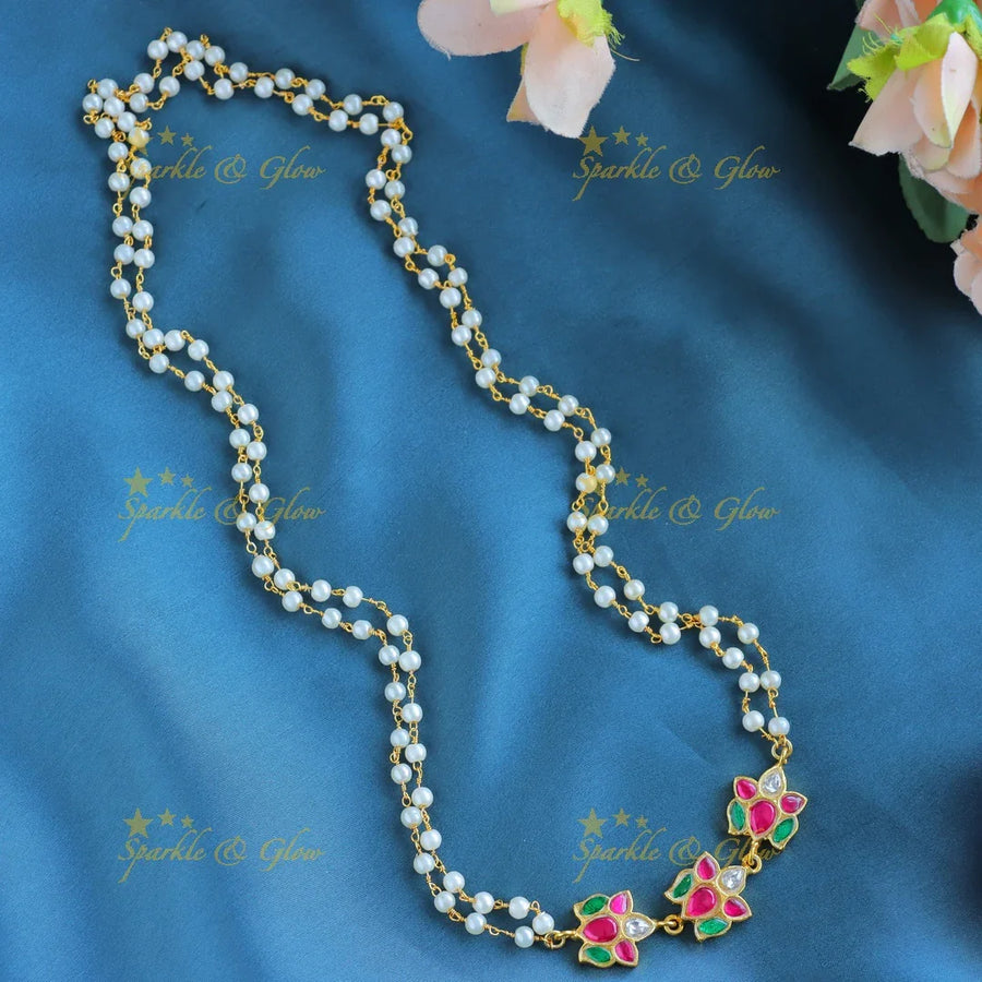 Gracious Lotus Flower pendant Jadau pearl chain - Sparkle and Glow