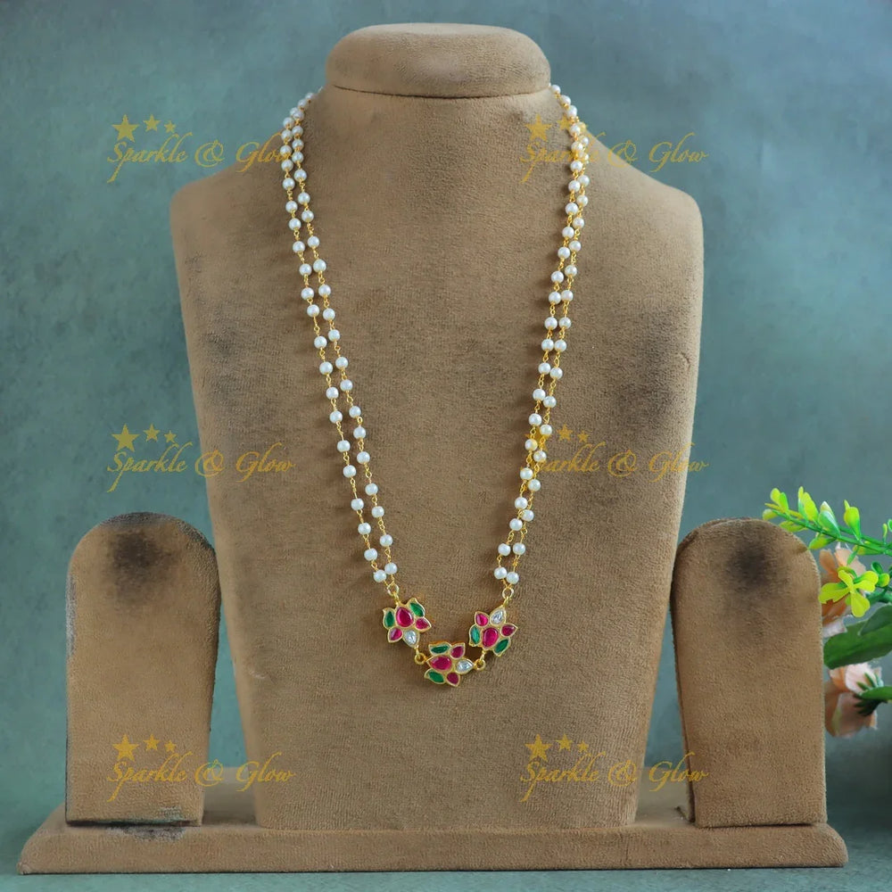 Gracious Lotus Flower pendant Jadau pearl chain - Sparkle and Glow