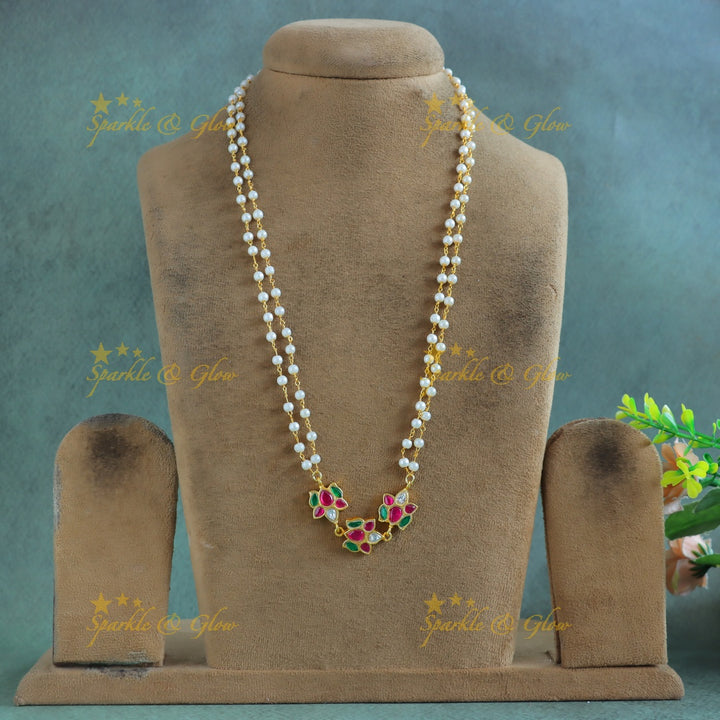 Gracious Lotus Flower pendant Jadau pearl chain