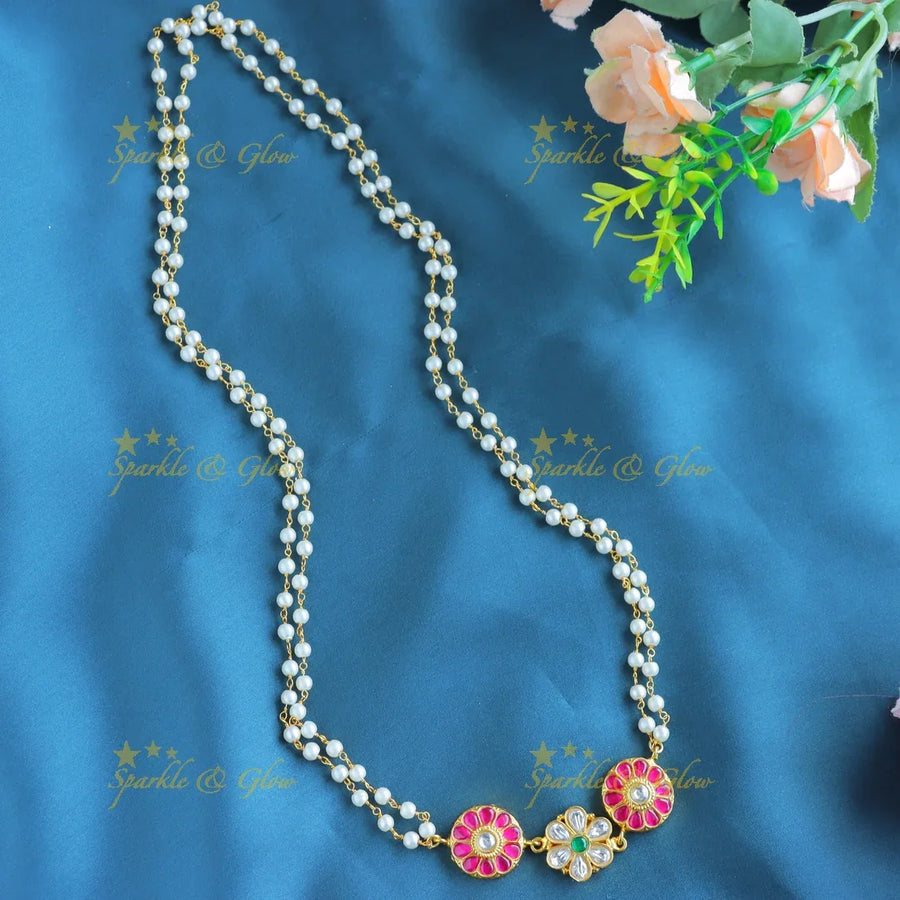 Gracious Flower pendant carved Jadau pearl chain - Sparkle and Glow