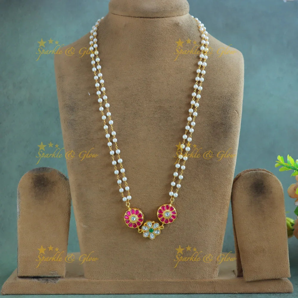 Gracious Flower pendant carved Jadau pearl chain - Sparkle and Glow