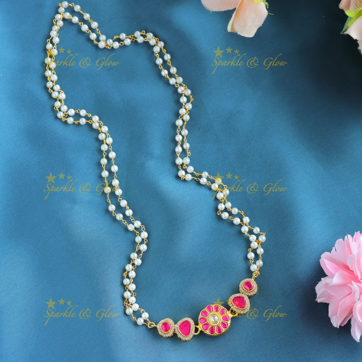 Gracious Circle and Triangle Floral pendant carved Jadau pearl chain