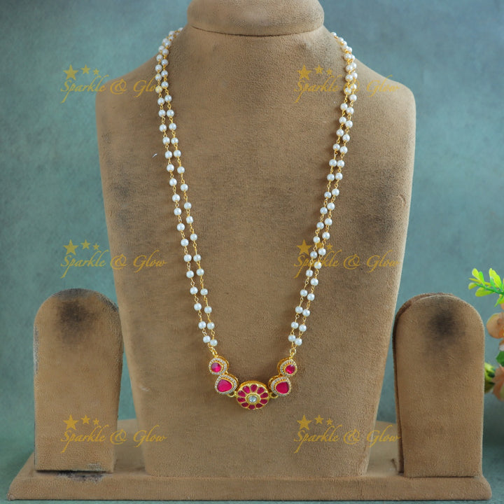 Gracious Circle and Triangle Floral pendant carved Jadau pearl chain