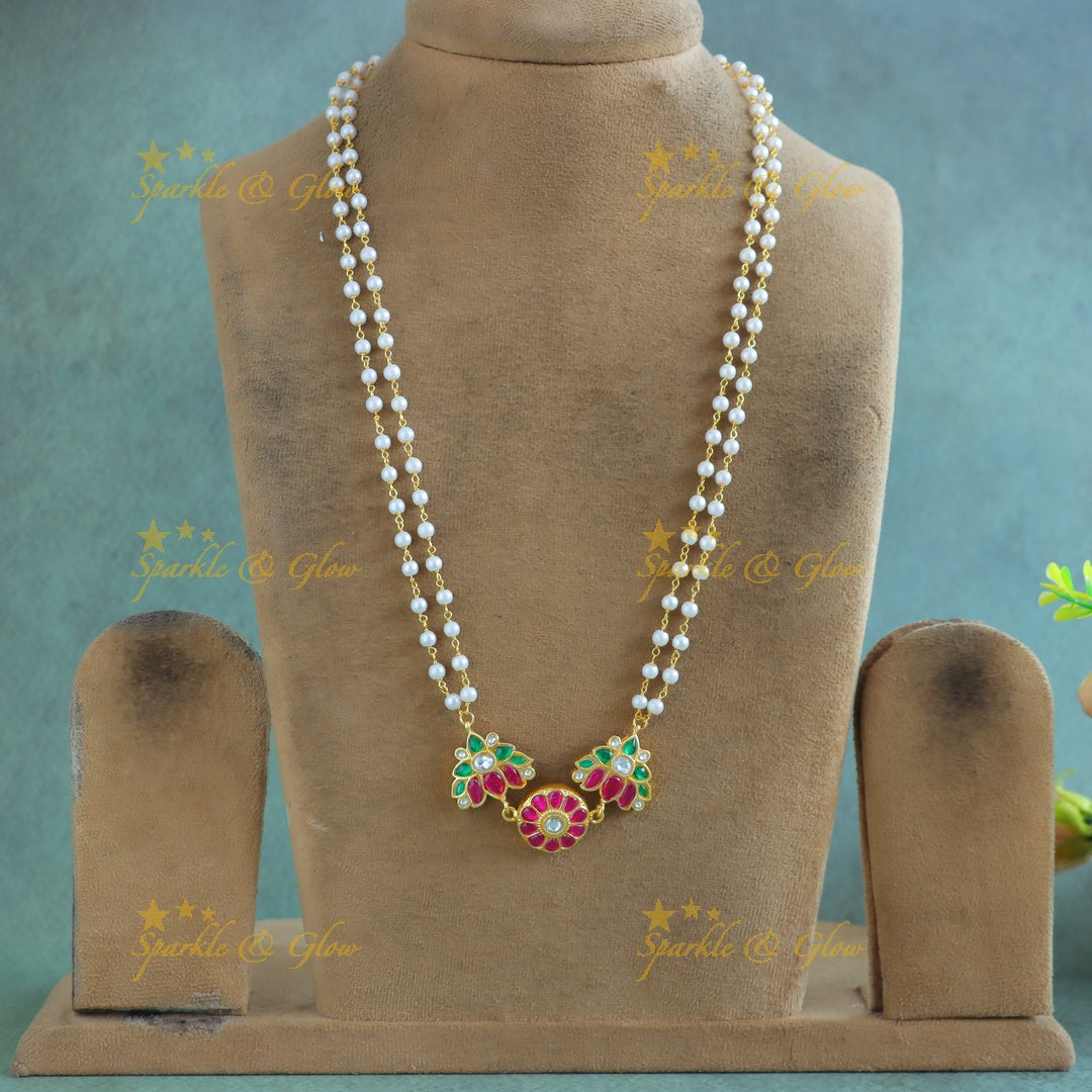 Grand Lotus pendant carved Floral Jadau pearl chain