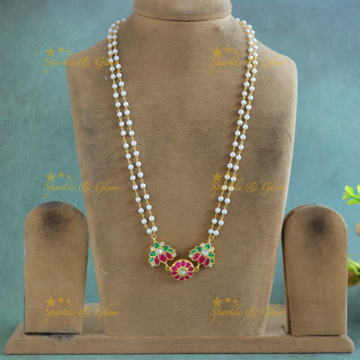 Grand Lotus pendant carved Floral Jadau pearl chain