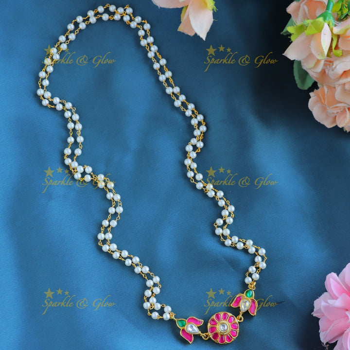 Gracious Lotus pendant carved Jadau pearl chain