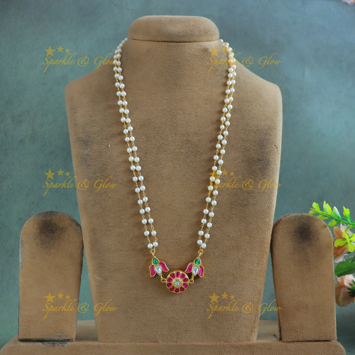 Gracious Lotus pendant carved Jadau pearl chain