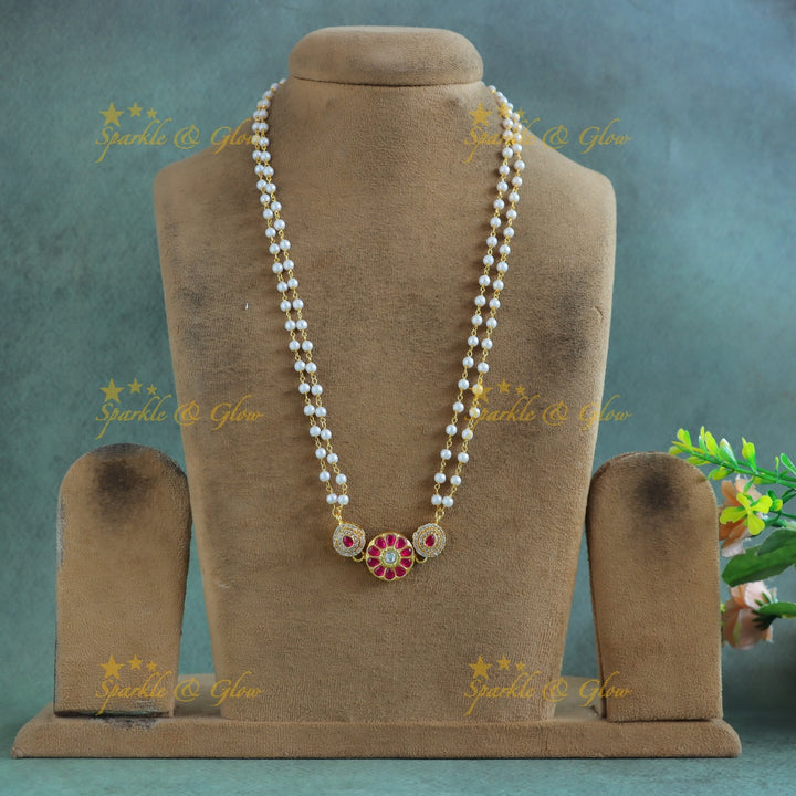 Grand Flower and dot design pendant carved Jadau pearl chain