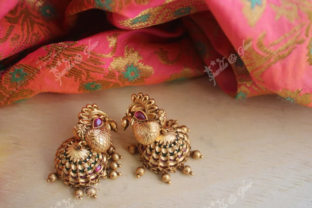 Antique Peacock Kemp Jhumka Earrings