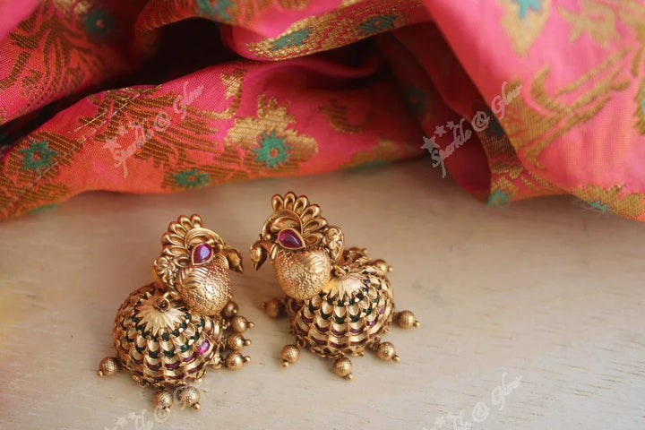 Antique Peacock Kemp Jhumka Earrings