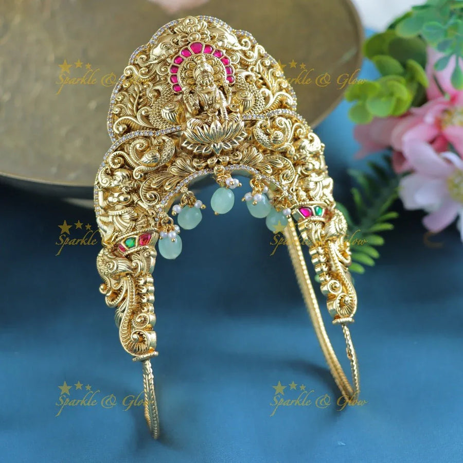 Jadau Grand Mahalakshmi Elephant Peacock carved U shape Vanki with mintgreen beads - Sparkle and Glow