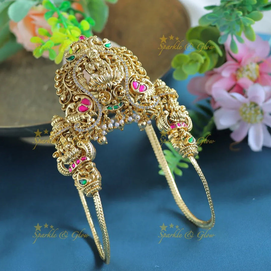 Jadau Grand Idol Lakshmi Peacock carved U shape Vanki - Sparkle and Glow