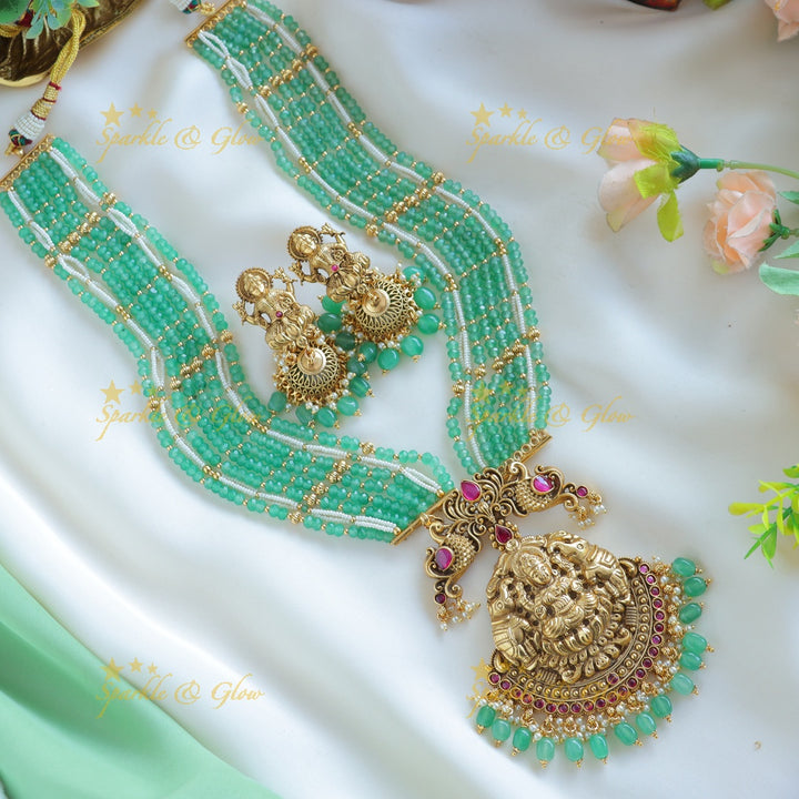 Grand Idol Lakshmi Elephant pendant haram with Multilayered mintgreen beads
