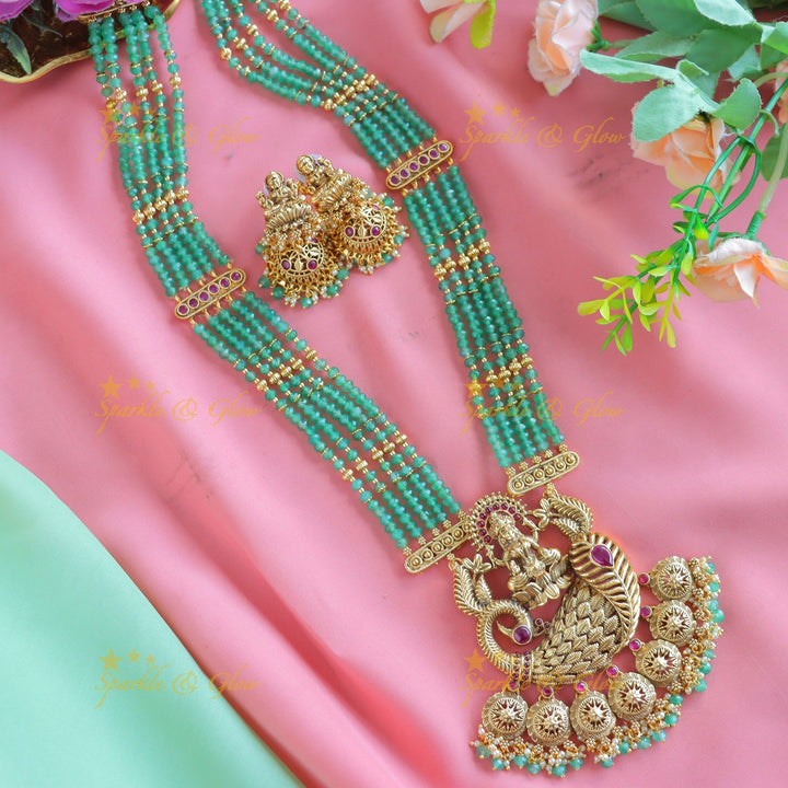 Grand Idol Lakshmi Peacock pendant Haram with multilayered mintgreen beads
