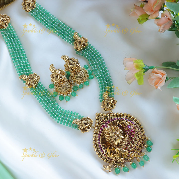 Grand Krishna Playing Flute pendant Haram with multilayered mintgreen beads