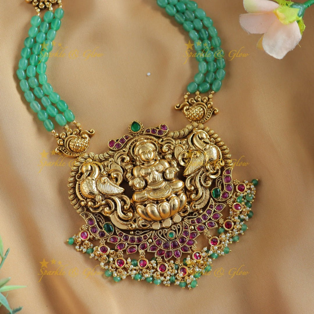 Grand Kemp Idol Lakshmi Peacock Floral pendant Haram with multilayered mintgreen beads - Sparkle and Glow - Back Thread - 